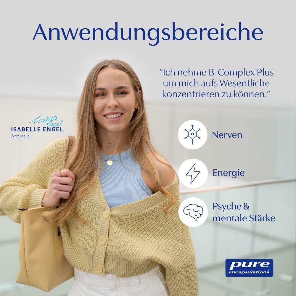 Eine Frau lächelt. Text: Isabelle Engel, Athletin. Anwendung: Nerven, Energie, Psyche & mentale Stärke. Logo: pure encapsulations.