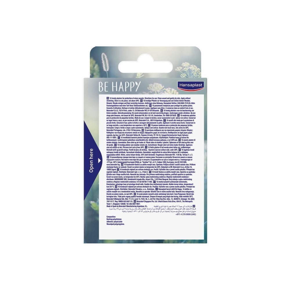 Rückseite der Hansaplast Pflasterverpackung. Text in mehreren Sprachen. Aufschrift: BE HAPPY.