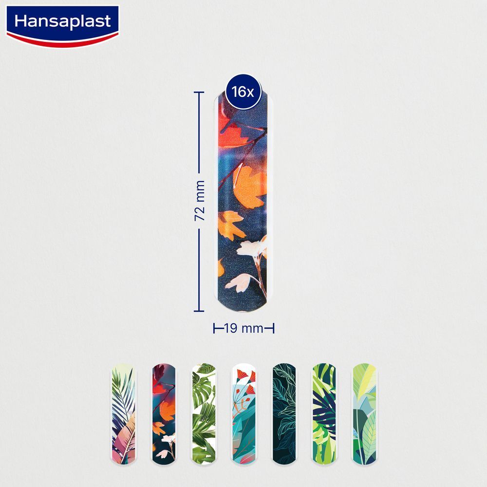 Einzelnes Pflaster mit bunten Blättern. Maße: 72 mm x 19 mm. 16 Stück. Aufschrift: 16x.
