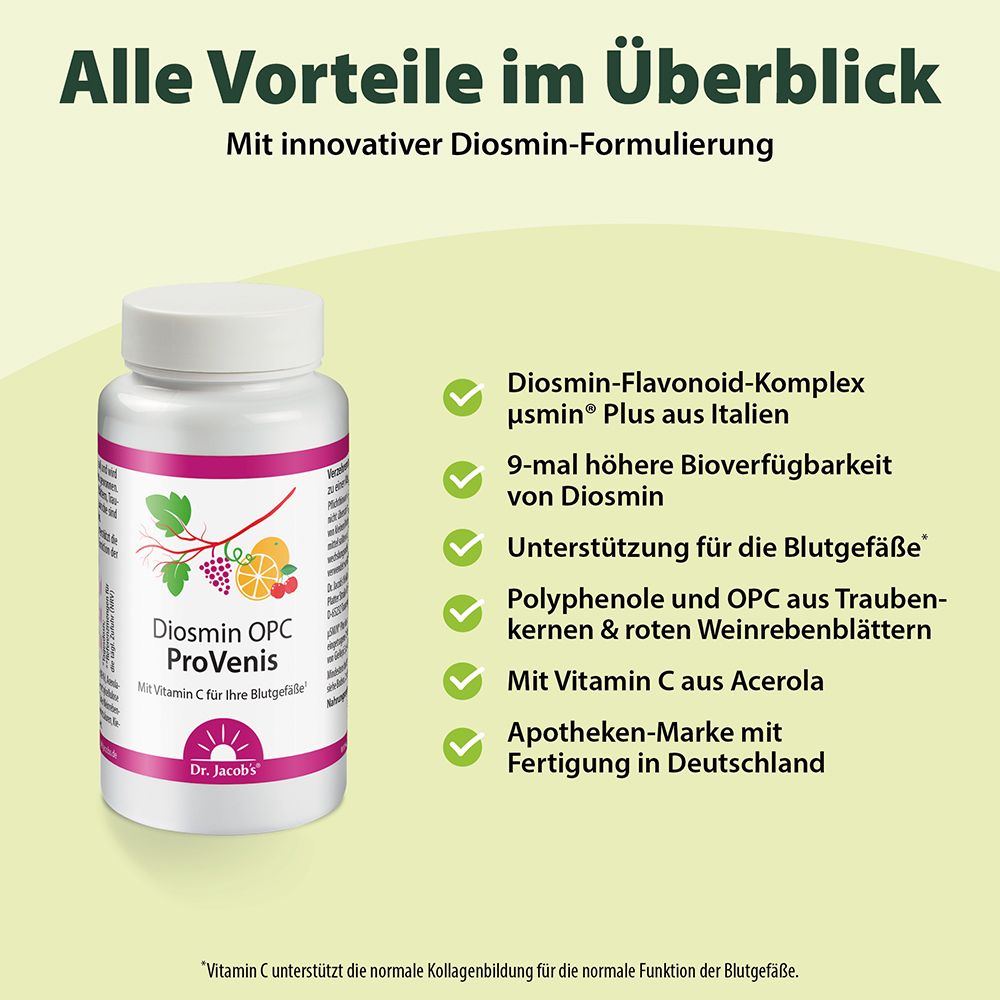 Weiße Flasche Diosmin OPC ProVenis neben einer Liste von Produktvorteilen auf grünem Hintergrund.