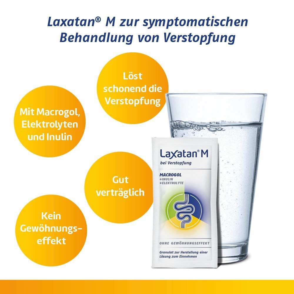 Beutel Laxatan® M neben Glas Wasser. Text: Mit Macrogol, Elektrolyten und Inulin. Löst schonend die Verstopfung. Gut verträglich. Kein Gewöhnungseffekt.