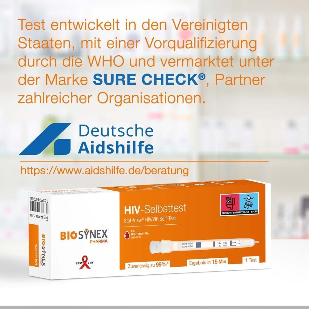 Produktverpackung und Test. Aufdruck: BIO SYNEX Pharma, HIV-Selbsttest, Stat-View. Logo: Deutsche Aidshilfe.