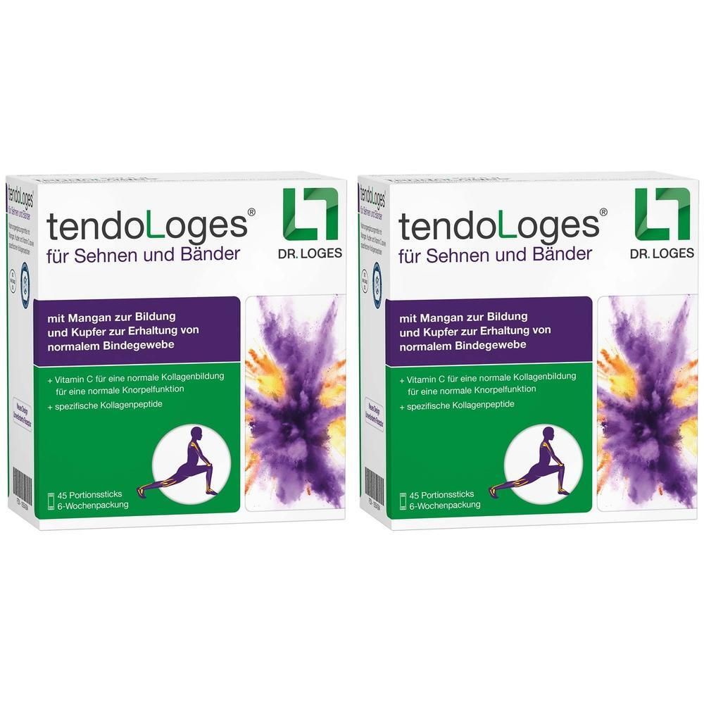 Zwei Kartons tendoLoges® für Sehnen und Bänder. Aufdruck: DR. LOGES, Inhaltsstoffe, Abbildung einer Person beim Dehnen.