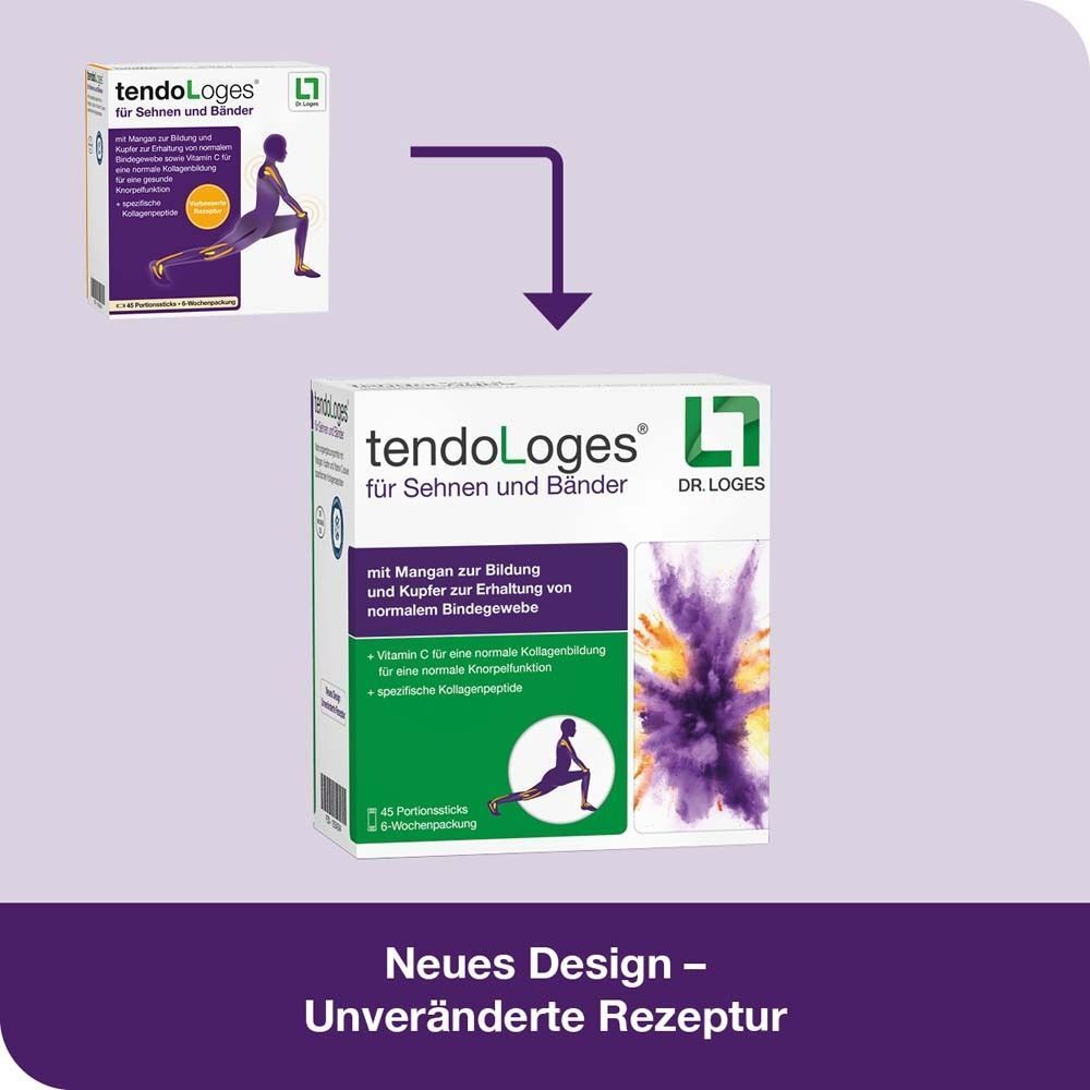 Vergleich von zwei Packungsdesigns von tendoLoges® für Sehnen und Bänder. Text: Neues Design - Unveränderte Rezeptur.