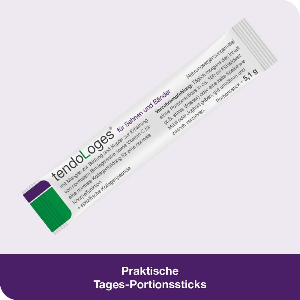 Tages-Portionsstick von tendoLoges® für Sehnen und Bänder. Text: Inhaltsstoffe, Verzehrempfehlung, Portionsstick = 5,1 g.