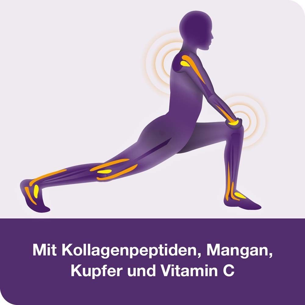 Illustration einer Person beim Dehnen. Markierungen an Sehnen und Bändern. Text: Mit Kollagenpeptiden, Mangan, Kupfer und Vitamin C.