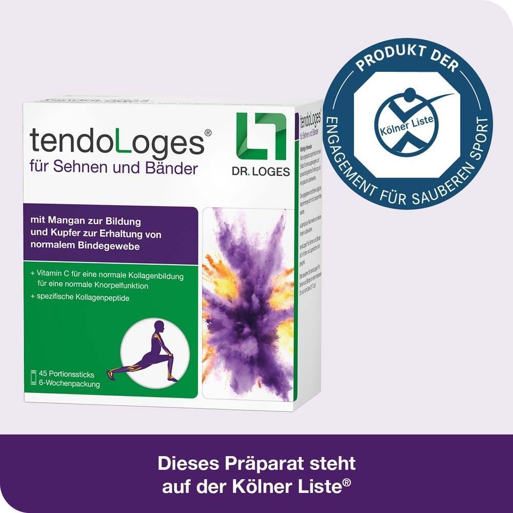 Packung tendoLoges® für Sehnen und Bänder. Logo Kölner Liste®. Text: Dieses Präparat steht auf der Kölner Liste®.