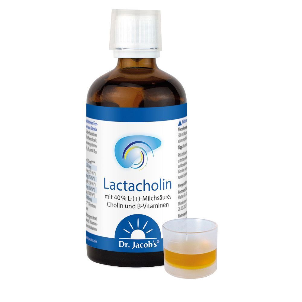 Eine Flasche Lactacholin mit Messbecher. Braune Glasflasche mit weißem Deckel und blauem Etikett. Messbecher mit gelber Flüssigkeit.