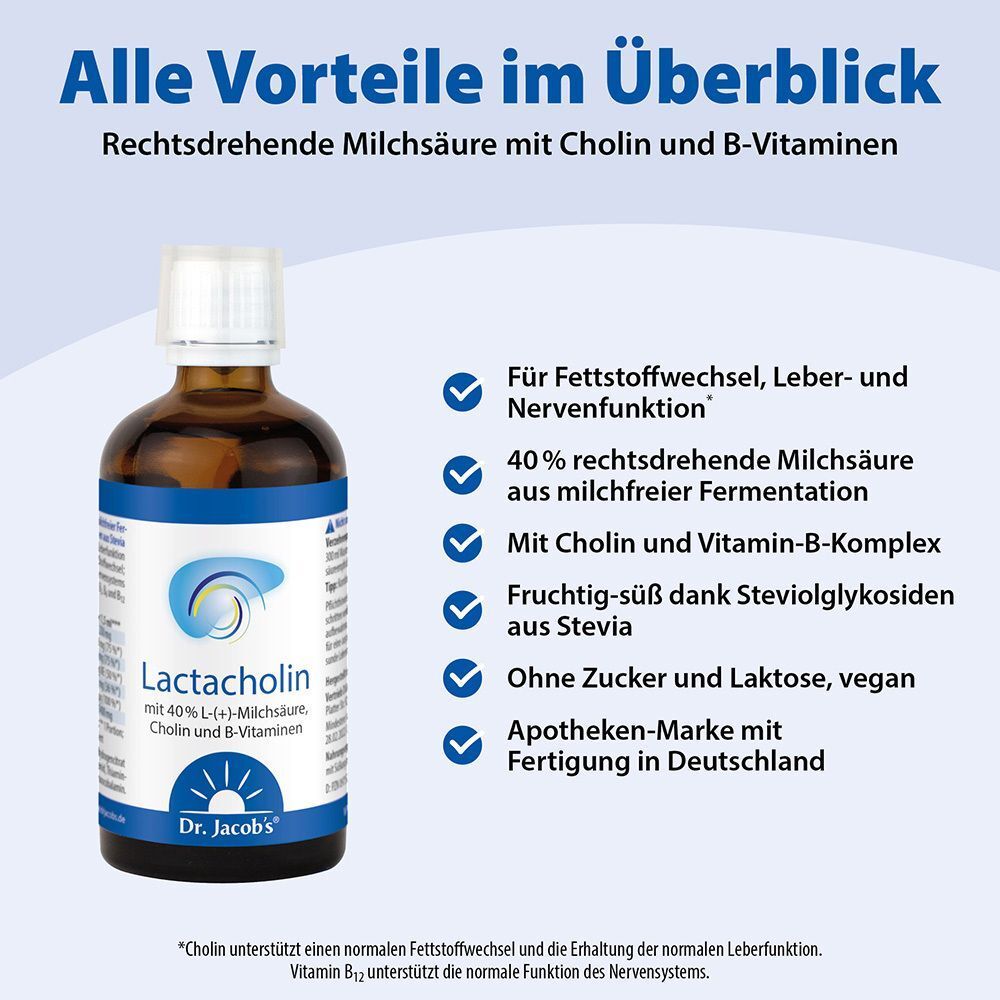 Produktinformationen. Flasche Lactacholin neben Text. Text mit Überschrift: Alle Vorteile im Überblick. Aufschrift: Lactacholin, Dr. Jacob's.