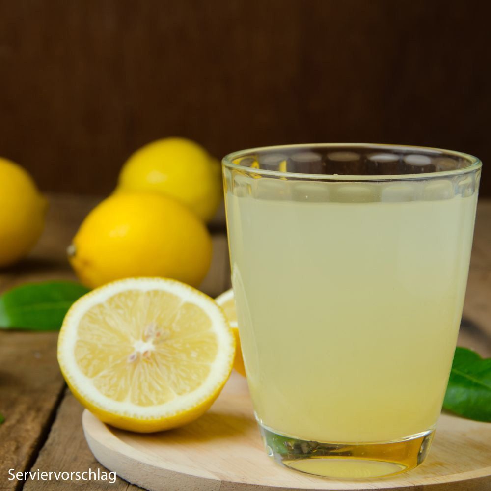 Glas mit gelbem Getränk und Zitronen. Glas mit gelber Flüssigkeit, Zitronen und Blättern auf Holzbrett. Aufschrift: Servier-Vorschlag.