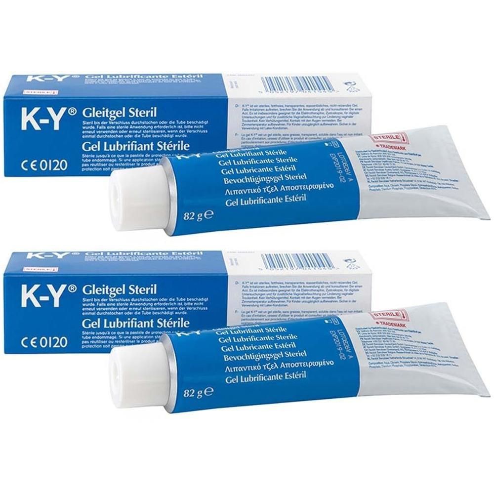 Zwei Tuben und Verpackungen. Aufschrift: K-Y Gleitgel Steril. Blaue und weiße Verpackung. Tuben mit 82g.