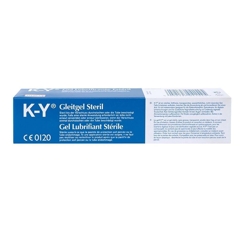 Verpackung von K-Y Gleitgel Steril. Blaue und weiße Verpackung. Text auf Deutsch und Französisch. CE-Kennzeichnung.