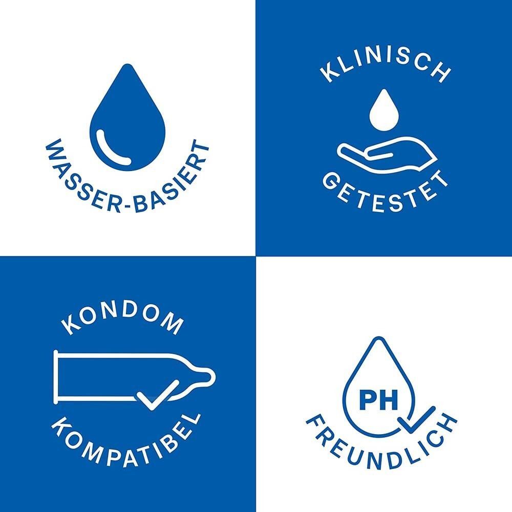 Vier Symbole auf blauem Hintergrund. Wasserbasiert, klinisch getestet, kondomkompatibel, pH-freundlich.