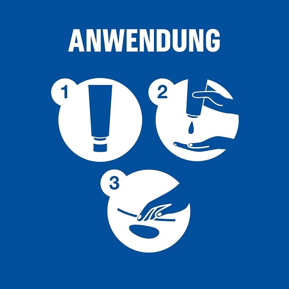 Anwendungshinweise in drei Schritten. Illustrationen zeigen: Tube, Gel auf Hand, Gel auftragen.