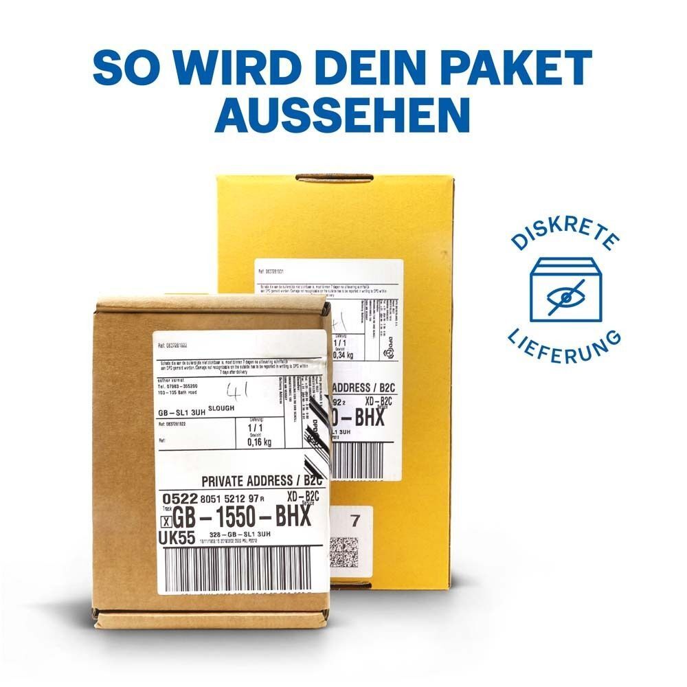 Zwei Versandkartons. Aufschrift: Diskrete Lieferung. Gelbe und braune Kartons mit Adressaufklebern.