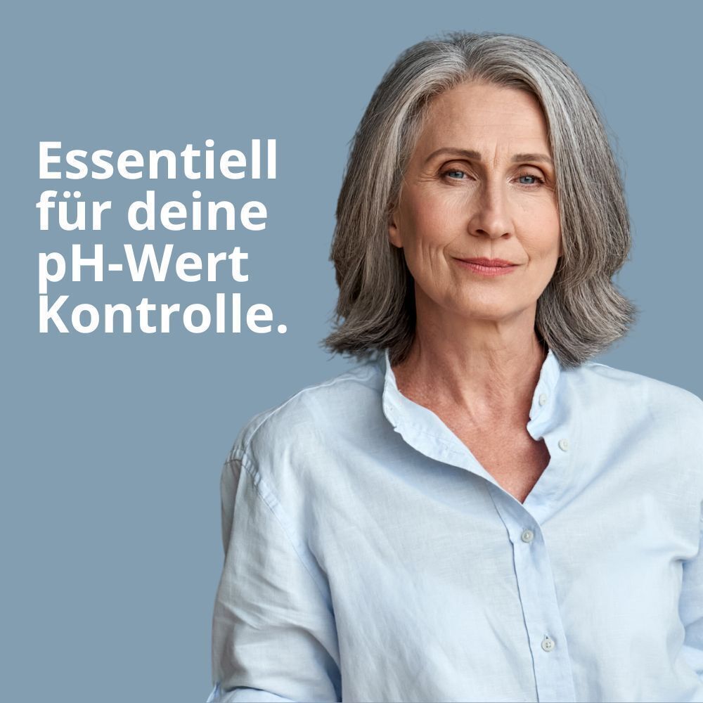 Porträt einer Frau mit grauem Haar. Text: "Essentiell für deine pH-Wert Kontrolle."