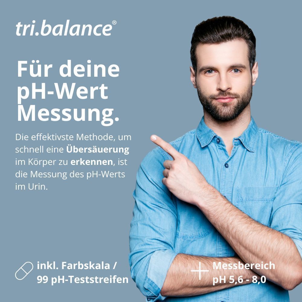 Mann zeigt auf Text. Text: "Für deine pH-Wert Messung." Enthält Farbskala und 99 pH-Teststreifen.