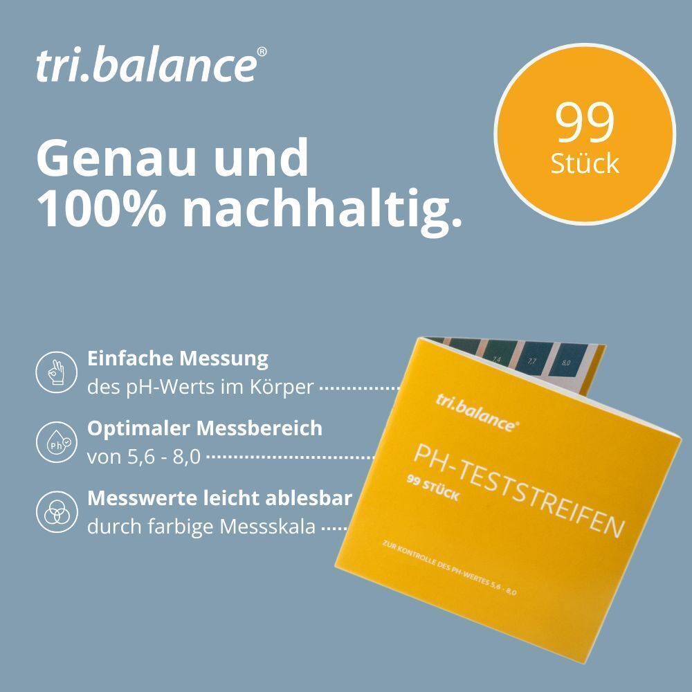 Gelbe Verpackung mit pH-Teststreifen. Text: "Genau und 100% nachhaltig." 99 Stück.
