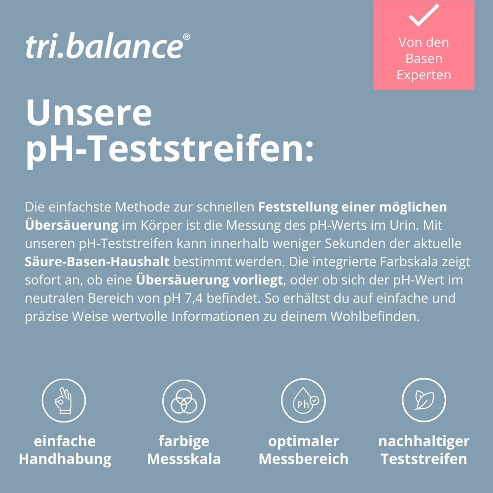 Text über pH-Teststreifen. Enthält Icons für einfache Handhabung, Farbskala, Messbereich und Nachhaltigkeit.