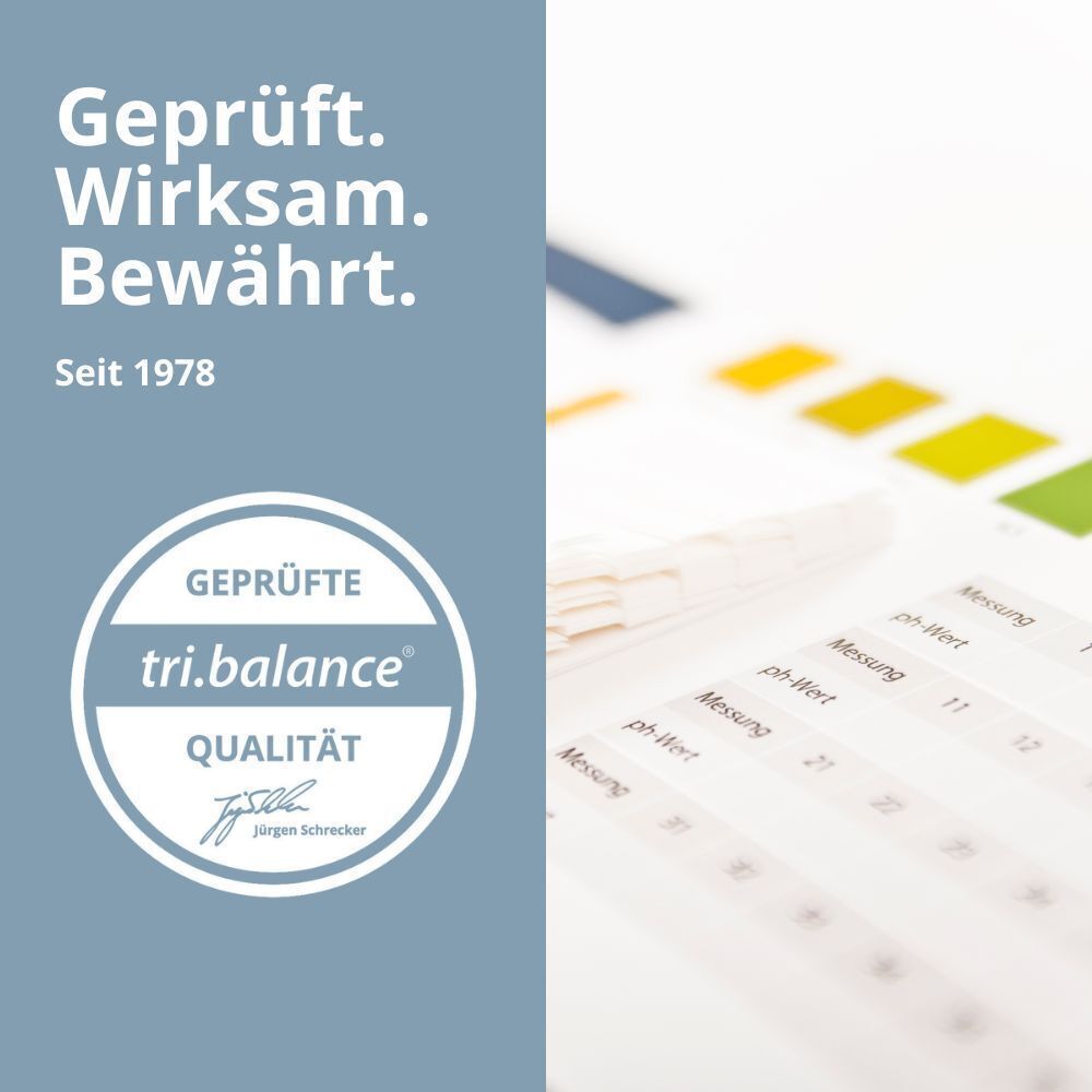 Logo und Text: "Geprüft. Wirksam. Bewährt." pH-Teststreifen und Farbskala.