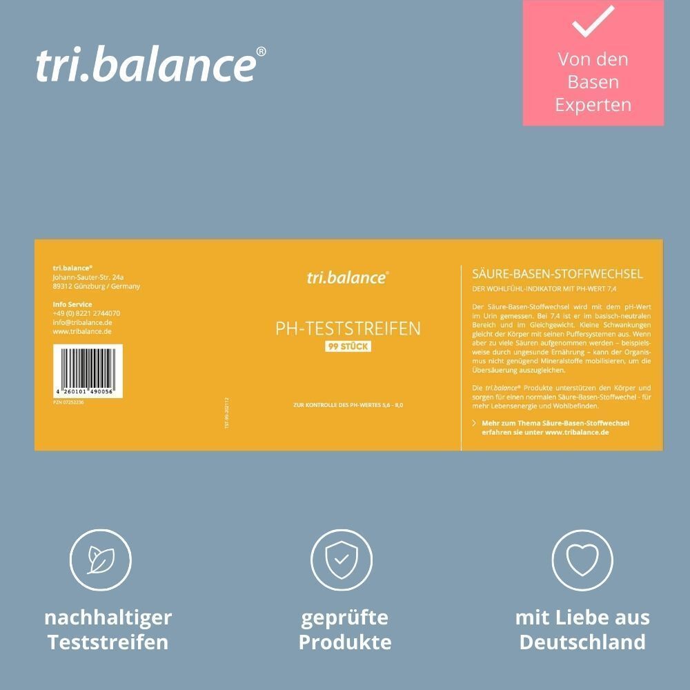 Gelbe Verpackung mit pH-Teststreifen. Text: "Geprüfte Produkte" und "mit Liebe aus Deutschland".