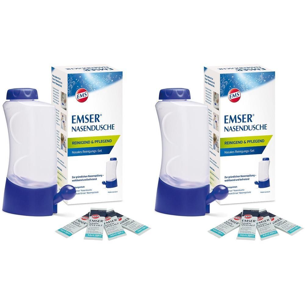 Zwei EMSER Nasendusche-Sets mit Nasenspülsalz-Beuteln. Jedes Set enthält eine Nasendusche, eine blaue Basis und eine blaue Spitze.