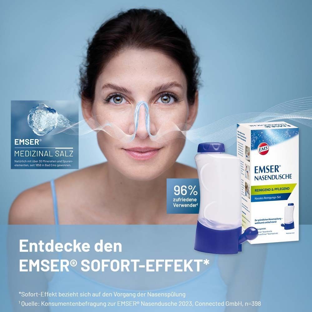 Frau mit Nasendusche und Verpackung. Text: Entdecke den EMSER SOFORT-EFFEKT. 96% zufriedene Verwender.