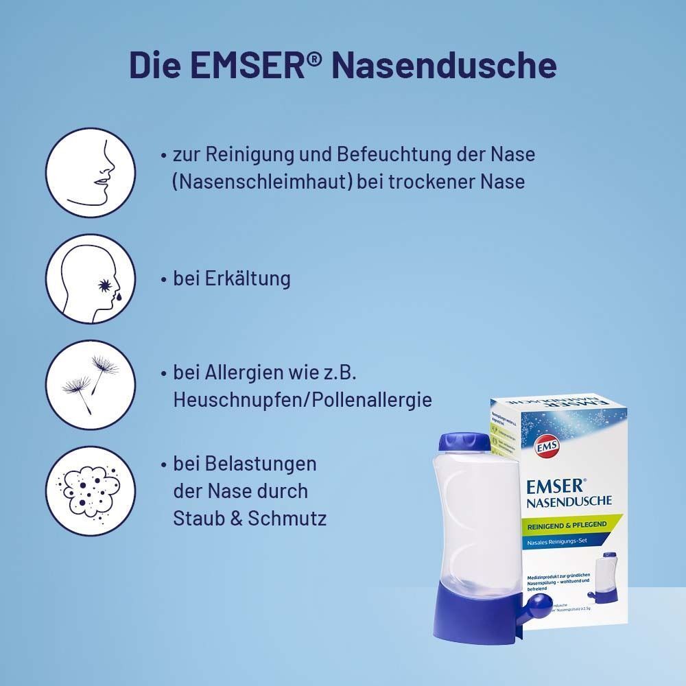 Grafik: Die EMSER Nasendusche. Anwendungsbereiche: Reinigung, Befeuchtung, Erkältung, Allergien, Staub & Schmutz. Produktabbildung.