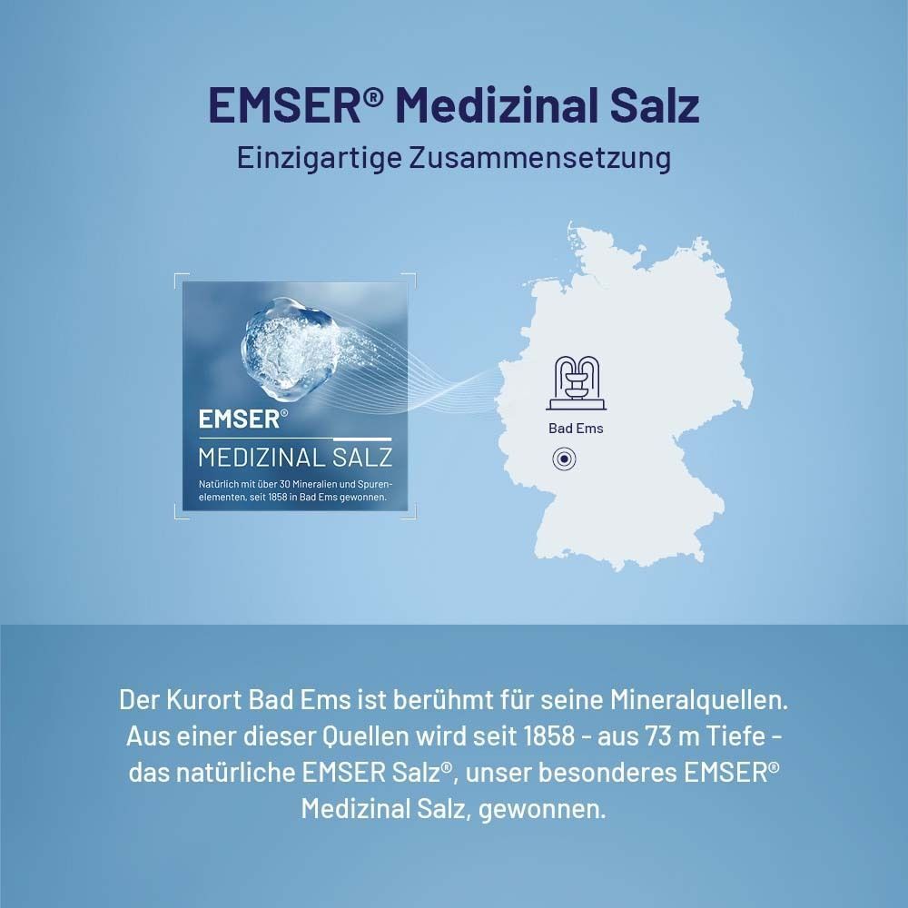 EMSER Medizinal Salz. Text: Einzigartige Zusammensetzung. Abbildung: Bad Ems, Mineralquellen. Produktabbildung.