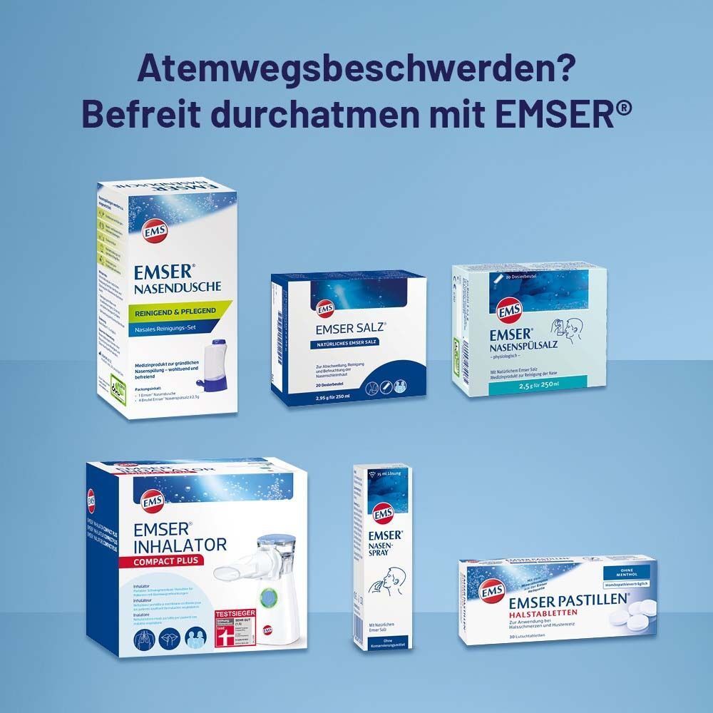 Verschiedene EMSER Produkte: Nasendusche, Salz, Nasenspülsalz, Inhalator, Nasenspray, Halspastillen. Produktabbildungen.