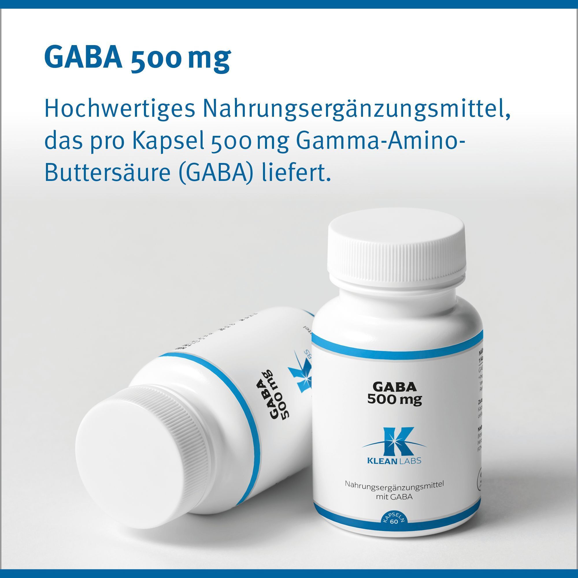 Weiße Flasche mit blauem Etikett und Text. Aufschrift: GABA 500 mg. Nahrungsergänzungsmittel. Zwei Flaschen.