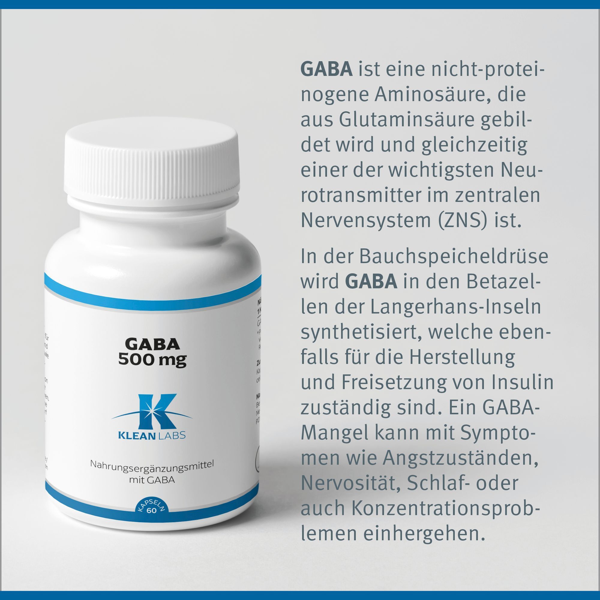 Weiße Flasche mit blauem Etikett und Text. Aufschrift: GABA 500 mg, KLEAN LABS. Nahrungsergänzungsmittel mit GABA.