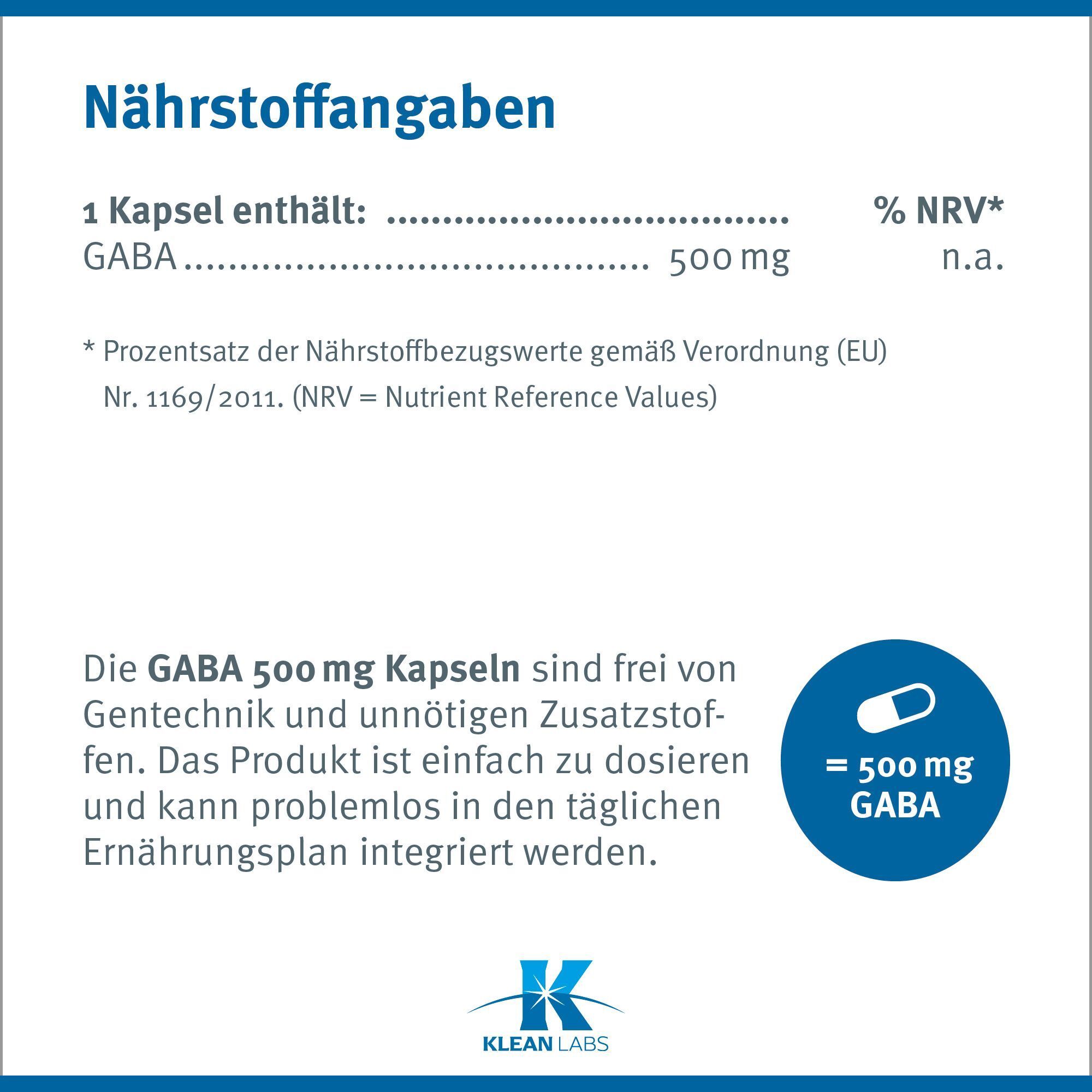 Text mit Nährwertangaben. Aufschrift: GABA 500 mg. Kapsel-Symbol. Text: 500 mg.