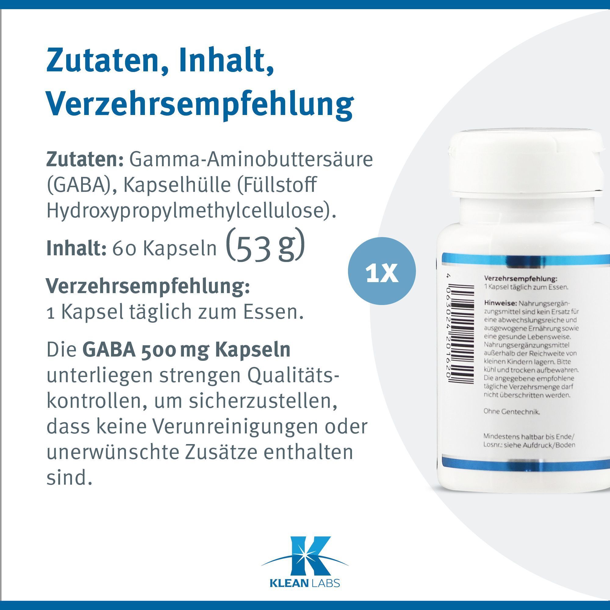 Text mit Zutaten und Verzehrempfehlung. Aufschrift: GABA 500 mg. 60 Kapseln (53 g). 1 Kapsel täglich.