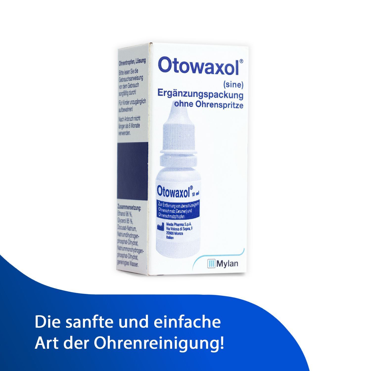 Produktflasche und Verpackung. Verpackung mit Produktnamen und Text. Flasche mit weißem Verschluss. Text: Die sanfte und einfache Art der Ohrenreinigung!