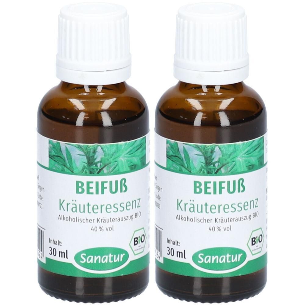 Zwei Flaschen Beifuß Kräuteressenz, 30 ml, mit BIO-Siegel und Sanatur-Logo.