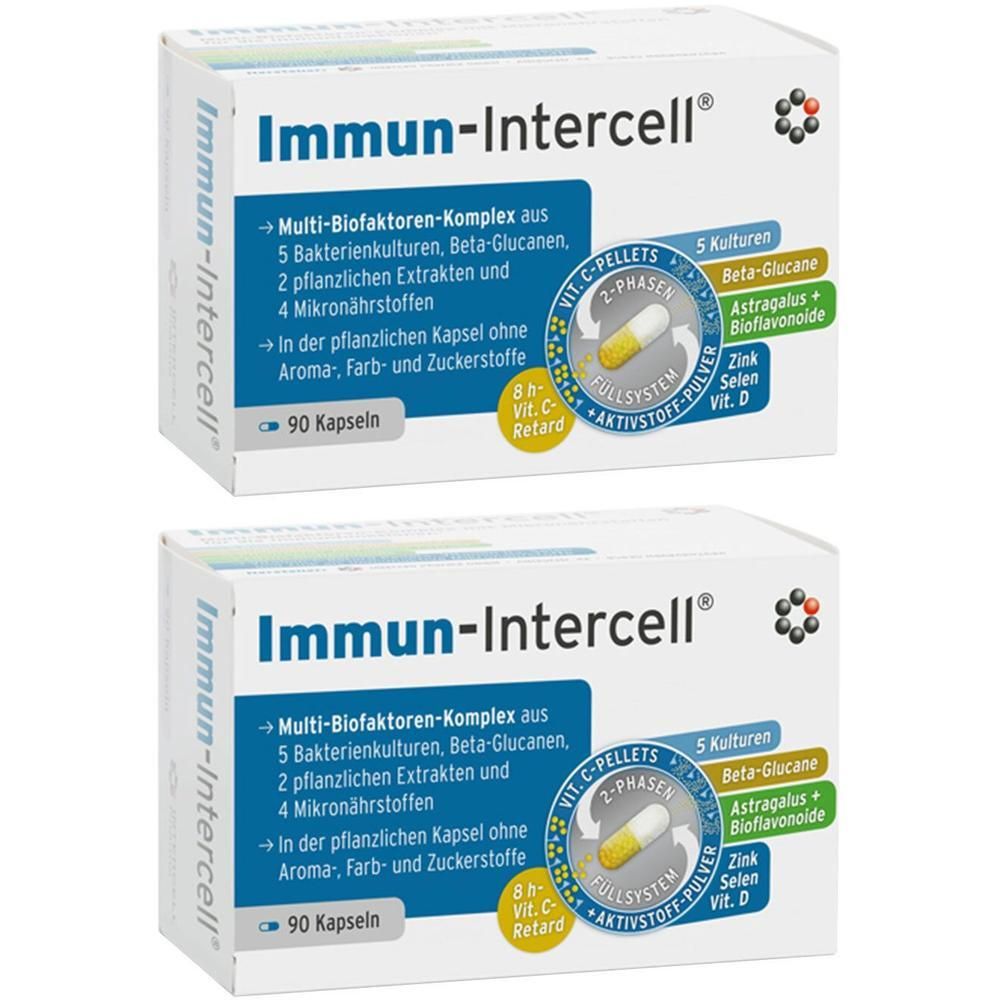 Zwei weiße Kartons mit der Aufschrift Immun-Intercell. Aufdrucke: 90 Kapseln, Inhaltsstoffe, 2-Phasen-Pellets, Vit. C Retard.