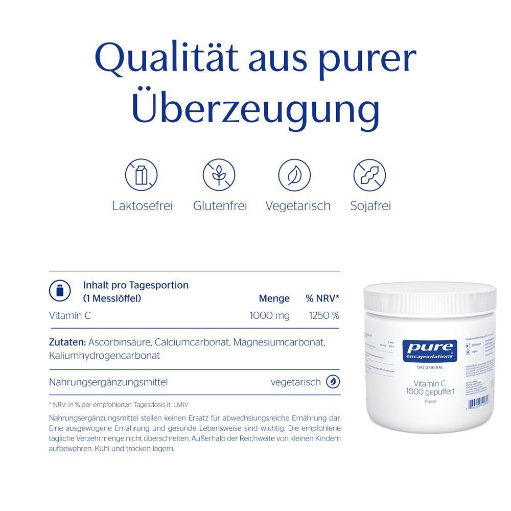 Weiße Dose mit Schraubverschluss. Text: Qualität aus purer Überzeugung. Aufschrift: pure encapsulations, Vitamin C 1000 gepuffert Pulver.