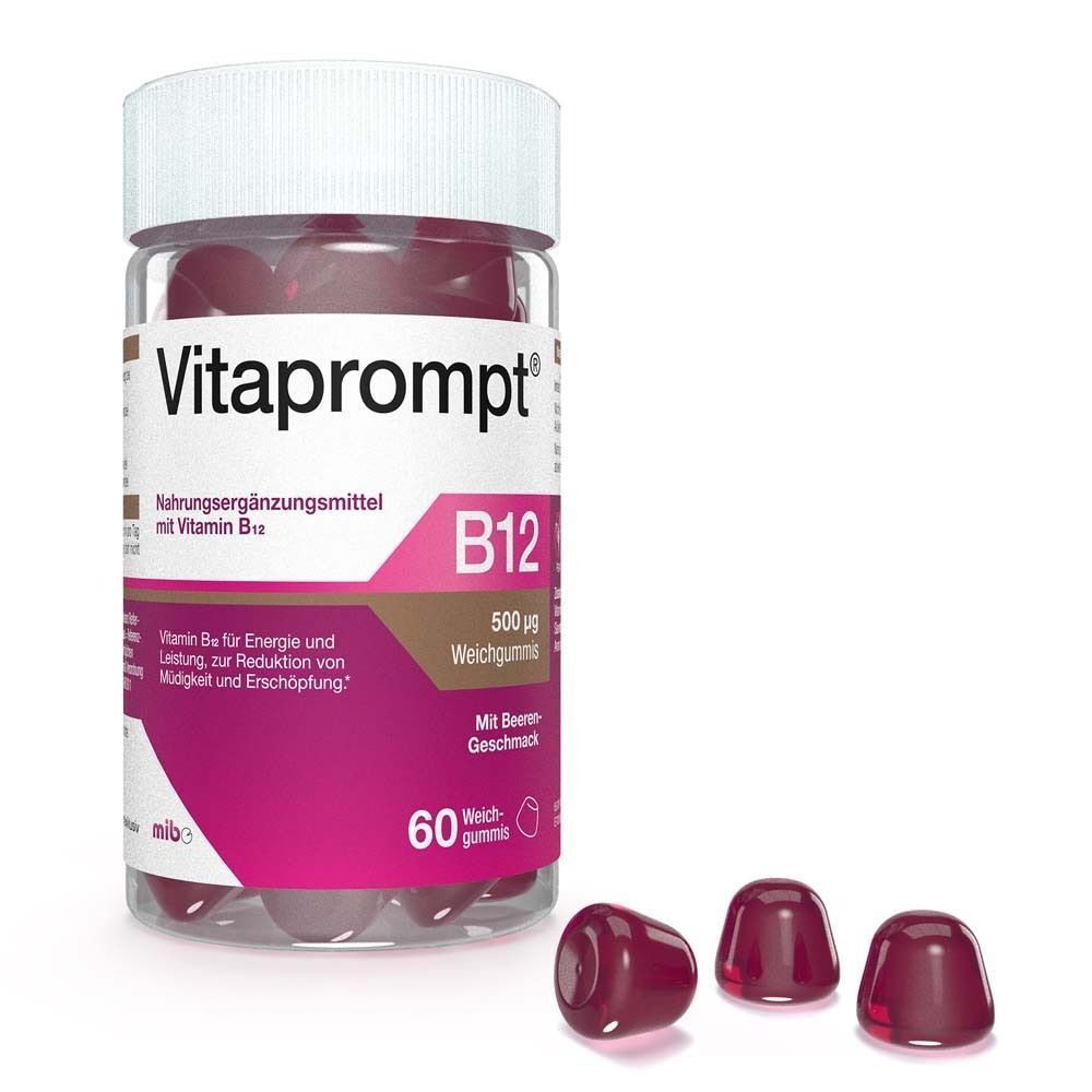Eine Flasche VITAPROMPT B12 Weichgummis und drei Gummis daneben. Aufschrift: B12 500 µg. Mit Beerengeschmack. 60 Gummis.