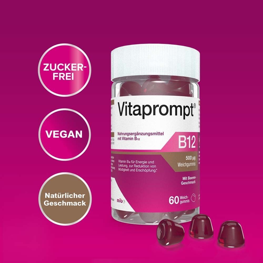 Flasche VITAPROMPT B12 Weichgummis mit Aufschriften: Vegan, Zuckerfrei, Natürlicher Geschmack. B12 500 µg. 60 Gummis.