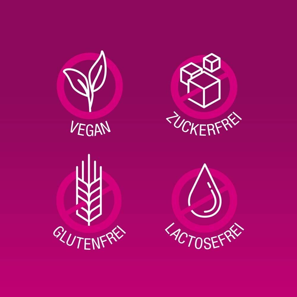 Kreisförmige Symbole mit Durchstreichungen: Vegan, Zuckerfrei, Glutenfrei, Lactosefrei.