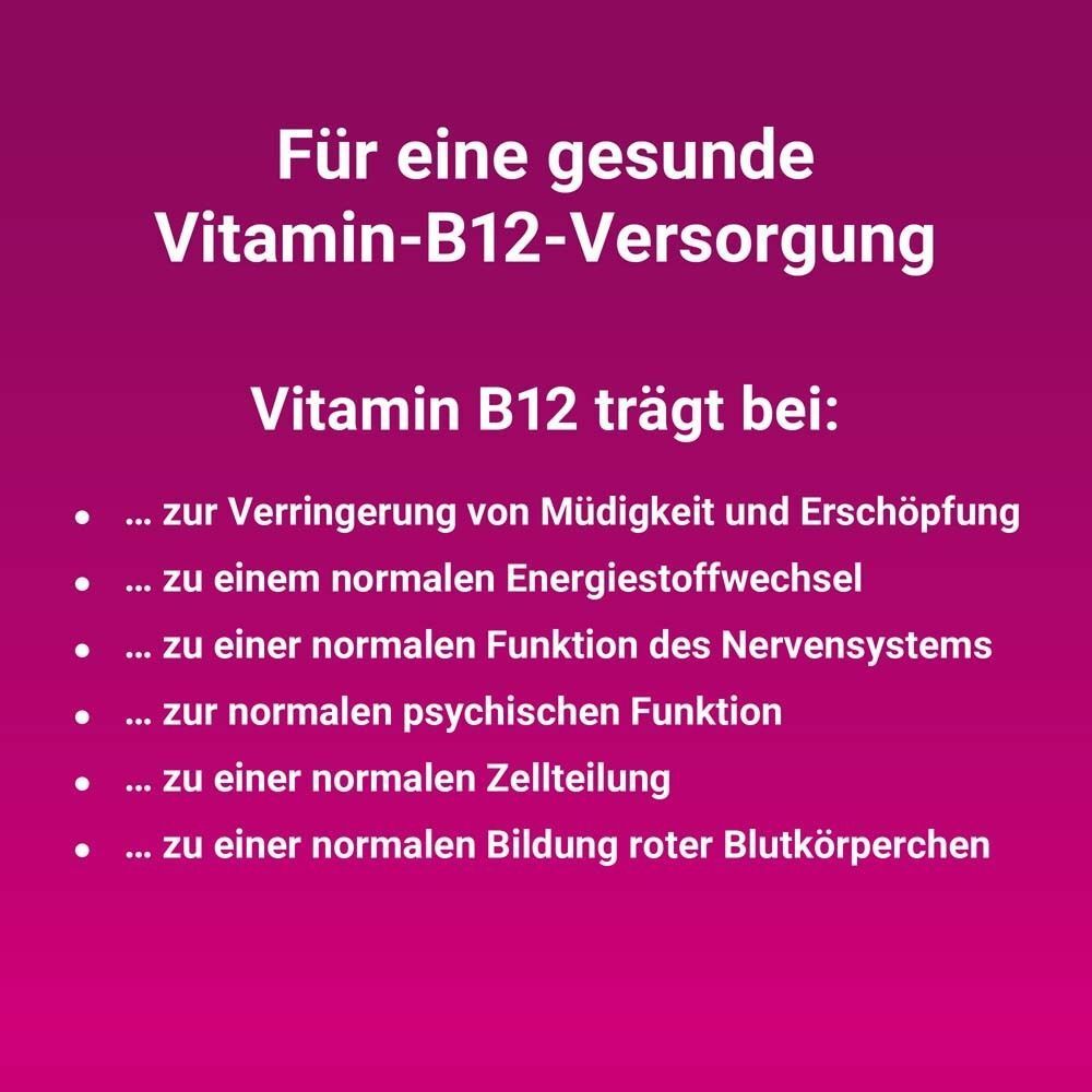 Text: Für eine gesunde Vitamin-B12-Versorgung. Vitamin B12 trägt bei: u.a. zur Verringerung von Müdigkeit und Erschöpfung.