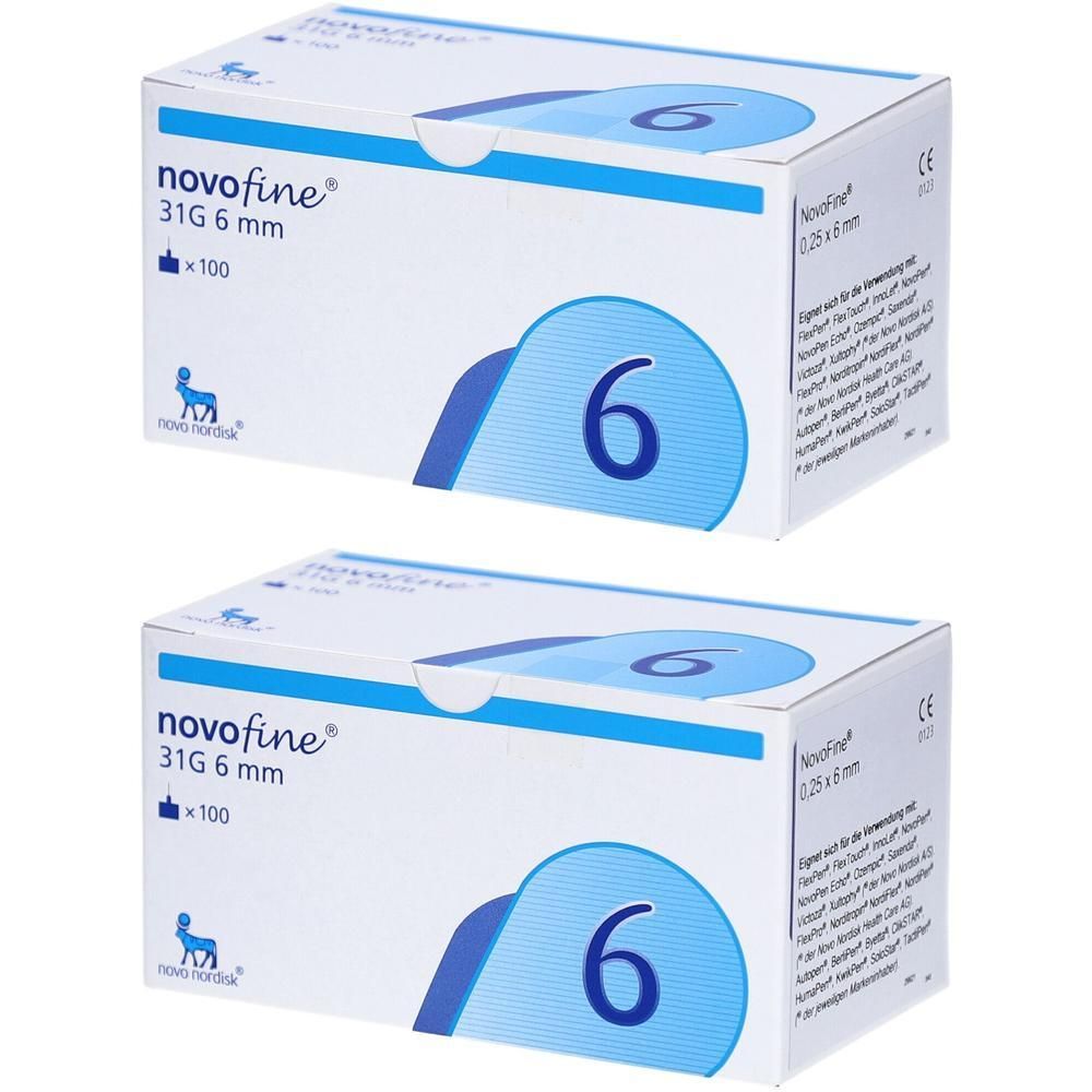 Zwei weiße Kartons mit blauen Akzenten. Aufschrift: novofine, 31G 6 mm, x100, und die Zahl 6. CE-Kennzeichnung.