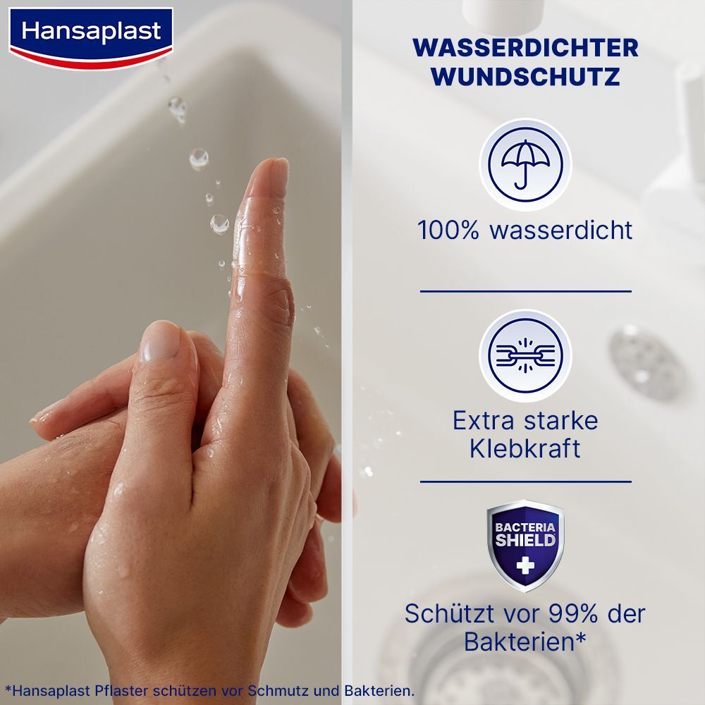 Hand, die unter fließendem Wasser gewaschen wird. Text: Wasserdichter Wundschutz, 100% wasserdicht, extra starke Klebkraft, Bakterienschutz.