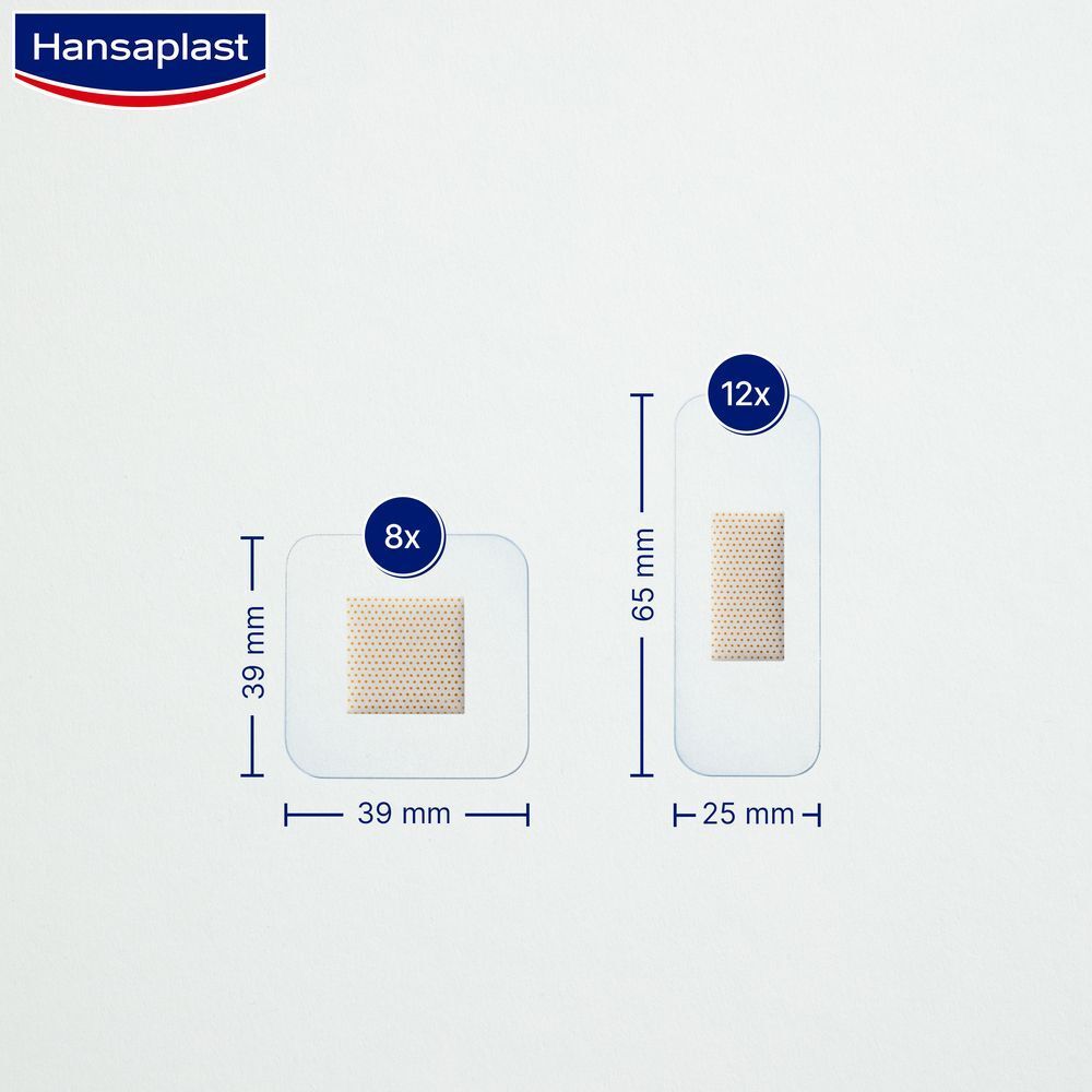 Zwei Pflasterformen: Quadratisch (39x39mm, 8 Stück) und rechteckig (65x25mm, 12 Stück). Größenangaben in mm. Beige Wundauflage.
