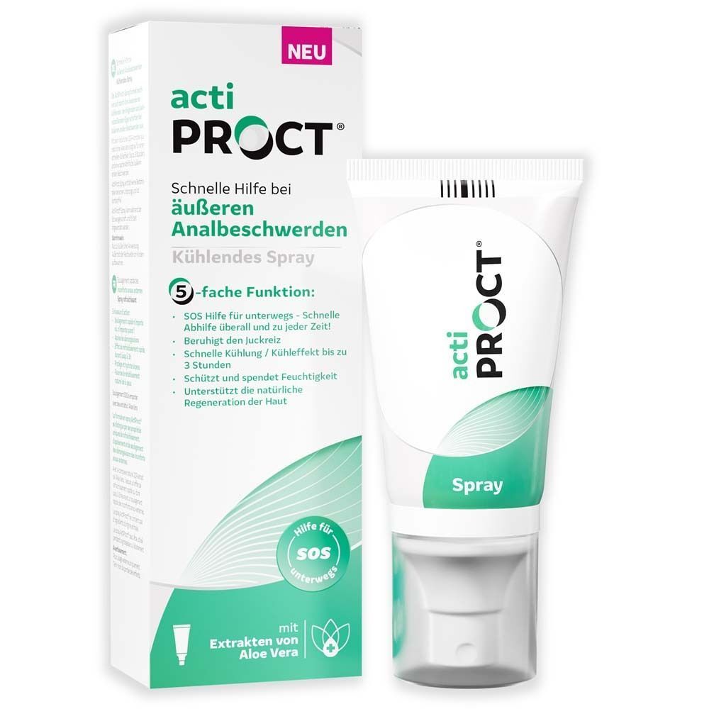 Verpackung und Tube. Auf der Verpackung steht "acti PROCT". Die Tube hat einen Sprühkopf. Text: "Schnelle Hilfe bei äußeren Analbeschwerden". "Kühlendes Spray".