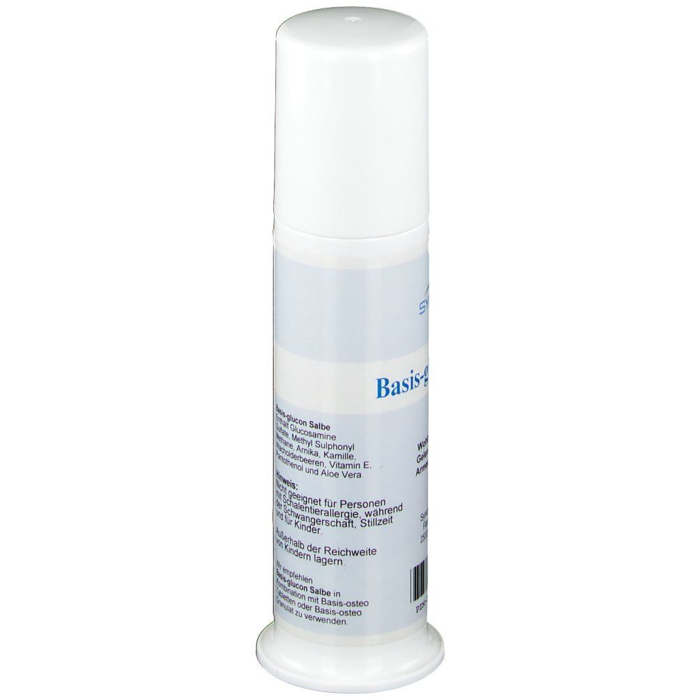Weiße Flasche BASIS GLUCON Salbe. Aufschrift: SYNOmed, Basis-glucon Salbe. Warnhinweise und weitere Informationen.