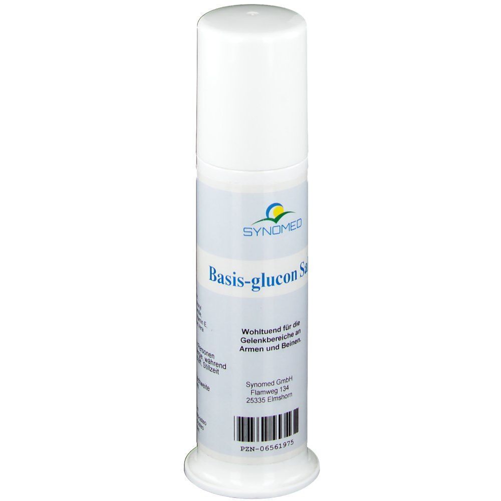 Weiße Flasche BASIS GLUCON Salbe. Aufschrift: SYNOmed, Basis-glucon Salbe. Barcode und weitere Informationen.