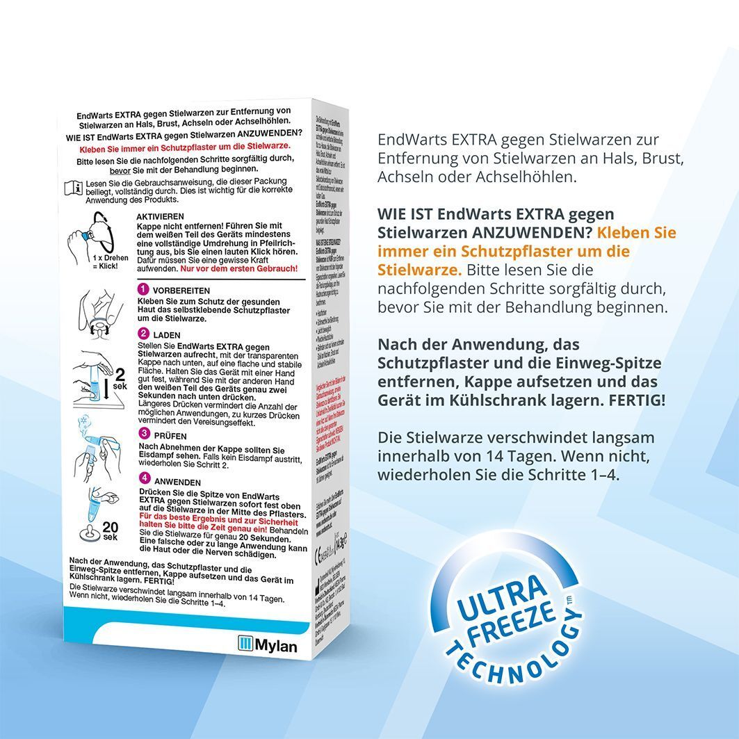Text auf weißem Hintergrund. Anleitung zur Anwendung von EndWarts Extra gegen Stielwarzen. Illustrationen und Text.