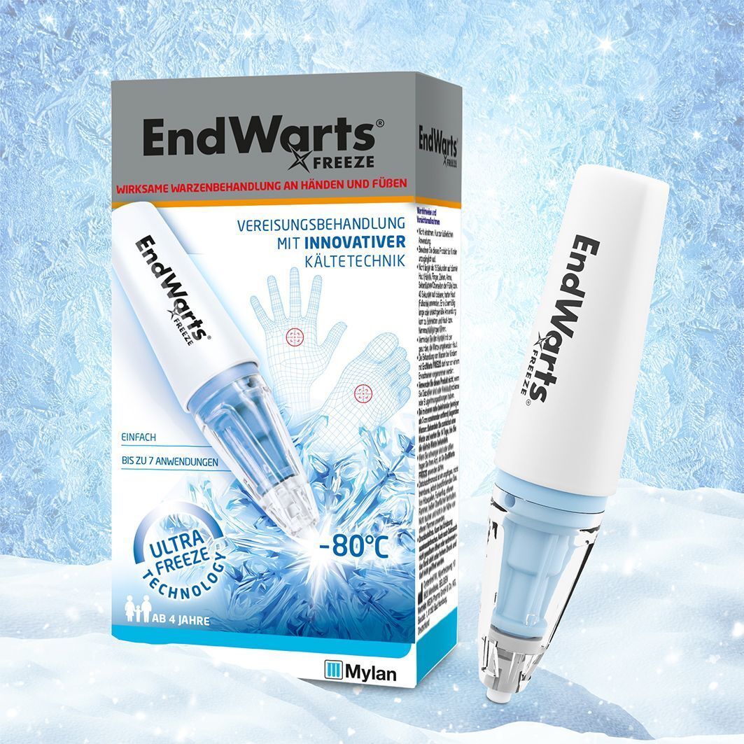 EndWarts FREEZE Packung und Stift. Weiß-blaue Verpackung. Stift mit blauen Elementen. Aufdrucke: -80°C, Mylan.